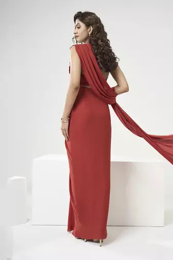 Rust orange drape saree set