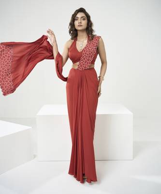 Rust orange drape saree set 5