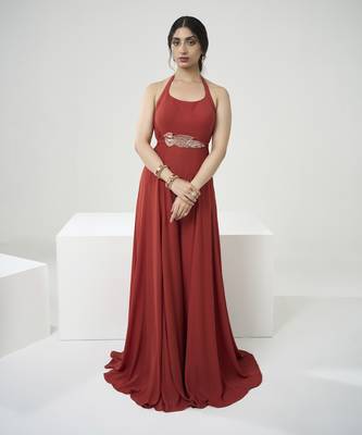 Rust orange jumpsuit with short cape 1