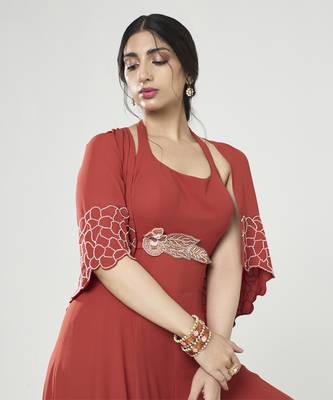Rust orange jumpsuit with short cape 4