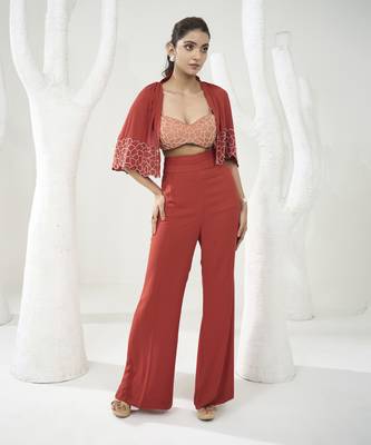 Rust orange pants set with short cape 1