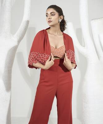 Rust orange pants set with short cape 2