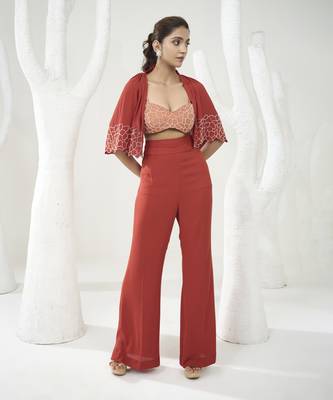 Rust orange pants set with short cape 3