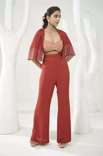 Rust orange pants set with short cape