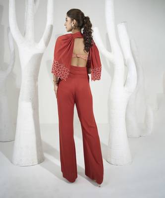 Rust orange pants set with short cape 4