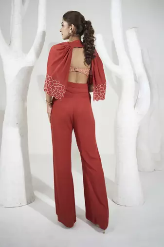 Rust orange pants set with short cape