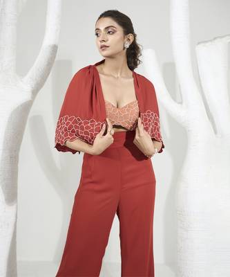 Rust orange pants set with short cape 5
