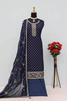 Navy blue dola jecard silk sequin embroidered semi-stitched salwar suit 2