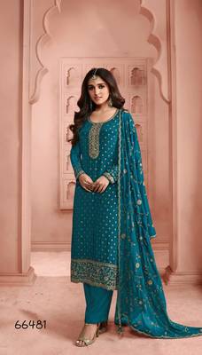 Turquoise dola jecard silk sequin embroidered semi-stitched salwar suit 1