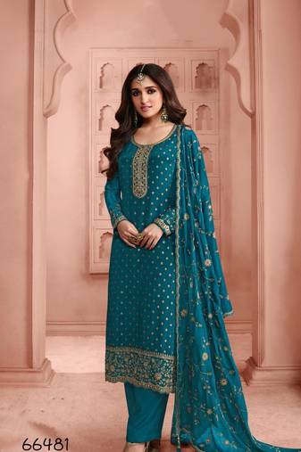 Turquoise dola jecard silk sequin embroidered semi-stitched salwar suit
