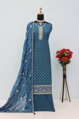 Turquoise dola jecard silk sequin embroidered semi-stitched salwar suit 2