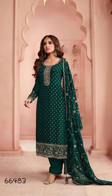 Dark green dola jecard silk sequin embroidered semi-stitched salwar suit 1