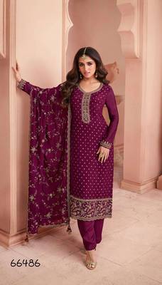 Purple dola jecard silk sequin embroidered semi-stitched salwar suit 1