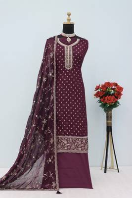 Purple dola jecard silk sequin embroidered semi-stitched salwar suit 2