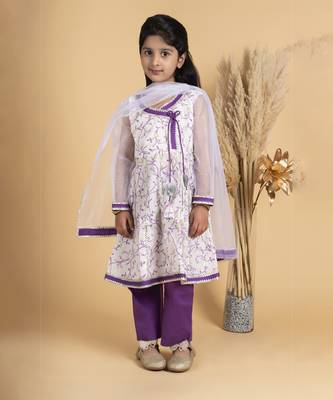 Purple and white floral girls kurta payjama set 1