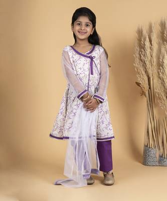 Purple and white floral girls kurta payjama set 3
