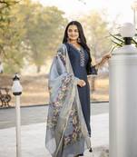 Floral Embroidered Viscos Silk  straight Kurta With Trouser & Dupatta