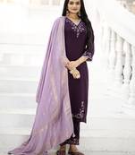 Women Viscos Slik Embroidered Straight Kurta With Pant And Dupatta Suit Set