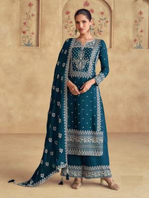 Teal blue embroidered georgette stitched salwar suit 1
