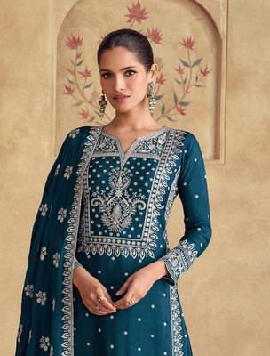 Teal blue embroidered georgette stitched salwar suit 2