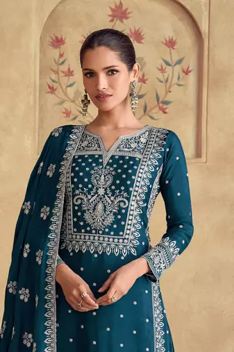 Teal blue embroidered georgette stitched salwar suit