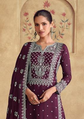 Wine embroidered georgette semi-stitched salwar suit 2