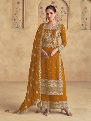 Mustard embroidered georgette semi-stitched salwar suit 1
