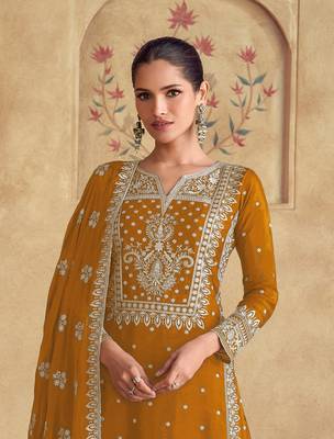 Mustard embroidered georgette semi-stitched salwar suit 2