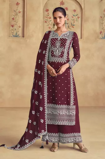 Brown embroidered georgette semi-stitched salwar suit