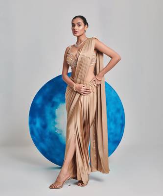 Champagne gold drape saree set 1