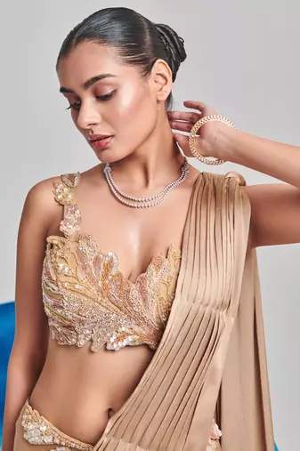 Champagne gold drape saree set