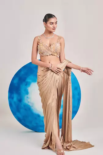 Champagne gold drape saree set
