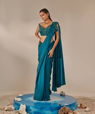 Teal off shoulder drape saree set 1