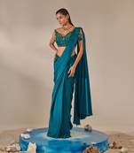 Teal off shoulder drape saree set