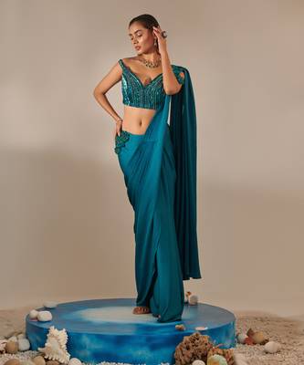 Teal off shoulder drape saree set 2