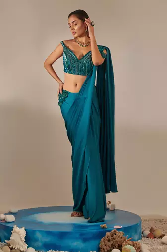Teal off shoulder drape saree set