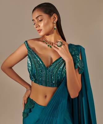 Teal off shoulder drape saree set 3