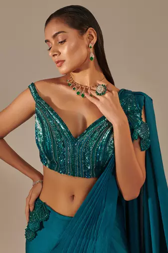 Teal off shoulder drape saree set