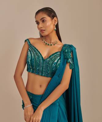 Teal off shoulder drape saree set 4