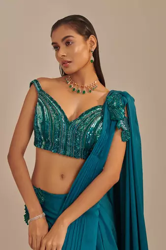 Teal off shoulder drape saree set