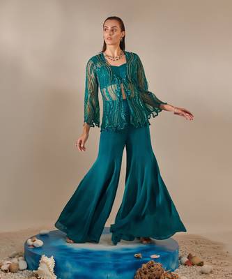 Teal cutwork tulle jacket sharara set 1