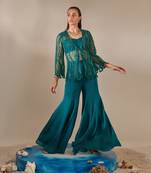 Teal cutwork tulle jacket sharara set