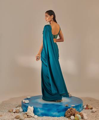 Teal off shoulder drape saree set 5