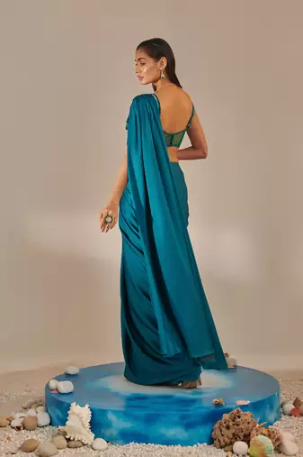 Teal off shoulder drape saree set