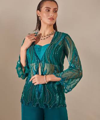 Teal cutwork tulle jacket sharara set 2