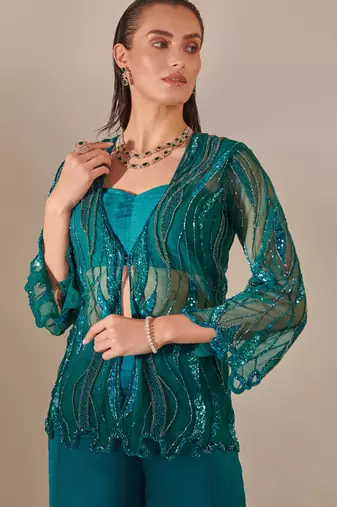 Teal cutwork tulle jacket sharara set