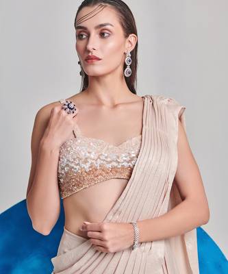 Ivory metallic foil hand pleated saree set 2