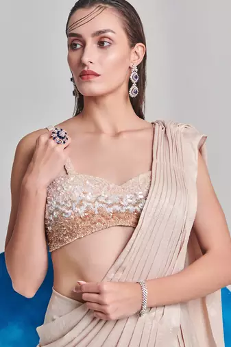 Ivory metallic foil hand pleated saree set