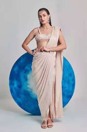Ivory metallic foil hand pleated saree set