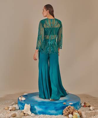 Teal cutwork tulle jacket sharara set 3